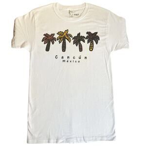 M&O Gold Men Shirt S White Graphic Print Palm Trees Cancun Mexico Short Sleeve